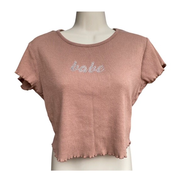 Light Brown Cropped Baby Tee Lettuce Trim Rhinestone Spellout Size L Ribbed Y2K - Picture 1 of 12